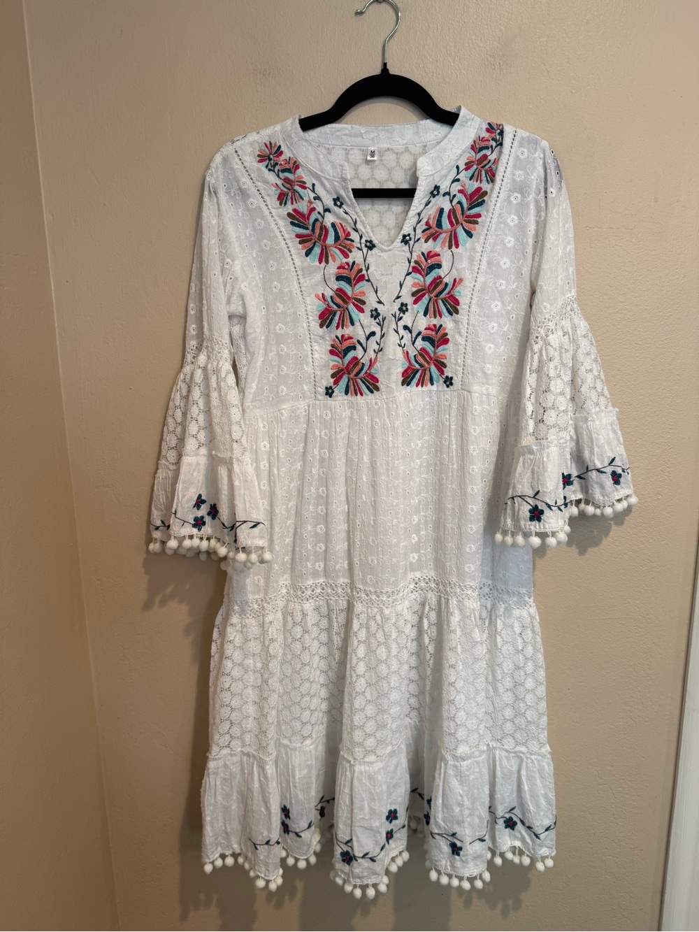 Gorgeous Boho White Embroidered Dress with Colorful Floral Detail & Pom Pom Trim - Picture 5 of 7